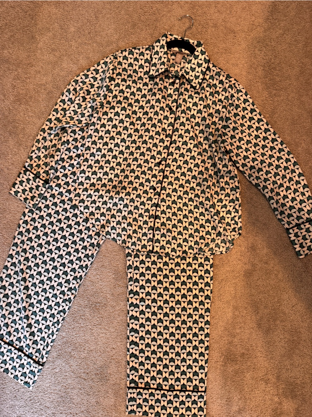H&M Geometric Print Button-Up Blouse AND pants in Green and White